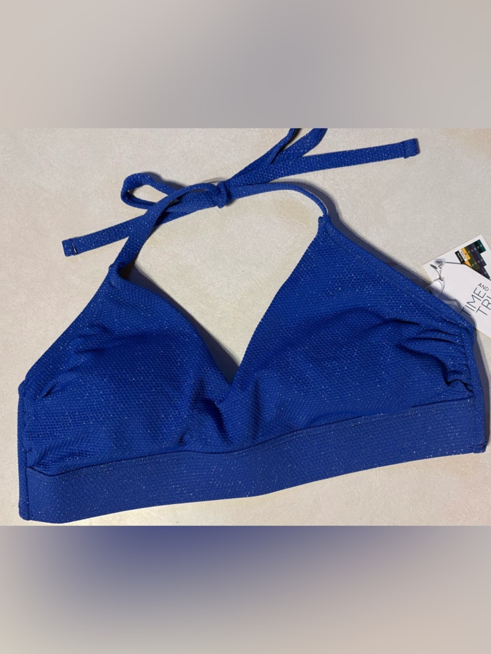 Time & Tru Blue Textured Halter Bikini Top XL 16-18 NWT
